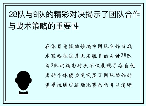 28队与9队的精彩对决揭示了团队合作与战术策略的重要性